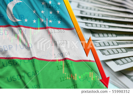 Uzbekistan flag and chart falling US dollar 55998352