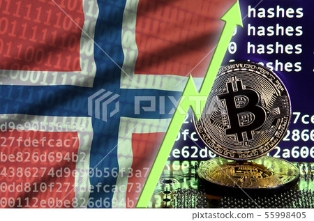 Norway flag and rising green arrow on bitcoin 55998405