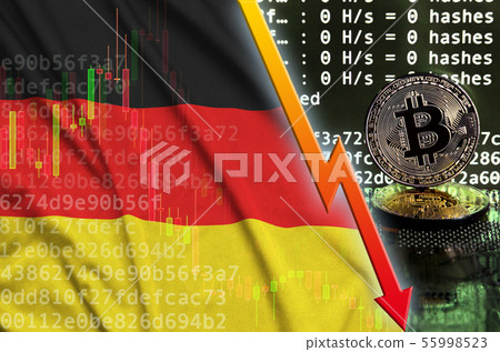 Germany flag and falling red arrow on bitcoin 55998523