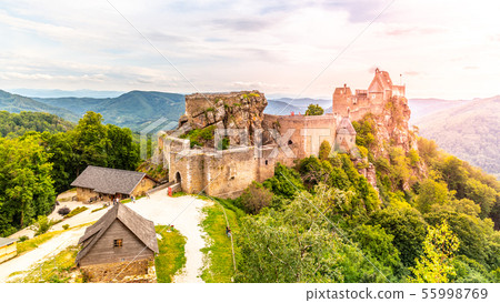 Aggstein Castle ruins above Danube River in Wachau Valley, Austria. Sunset time 55998769