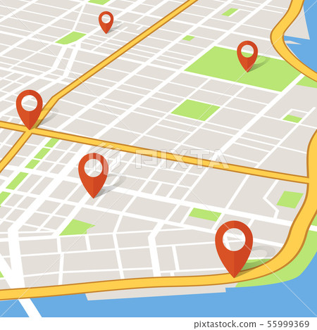Perspective 3d city map with pin pointers. Abstarct gps navigation vector concept 55999369
