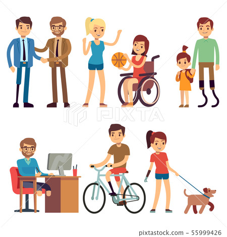 Disabled young woman and man in in day routine activities vector cartoon characters set Disabled young woman and man in in day routine activities vector cartoon characters set 55999426