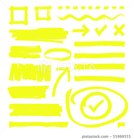 Yellow highlighter lines, arrows and frame boxes with grunge texture isolated vector stock 55999555