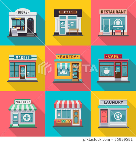 Set of flat shop building facades icons. Vector illustration for local market store house design 55999591
