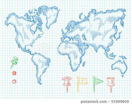 Hand drawn world map and colorful doodle pins - Stock Illustration ...