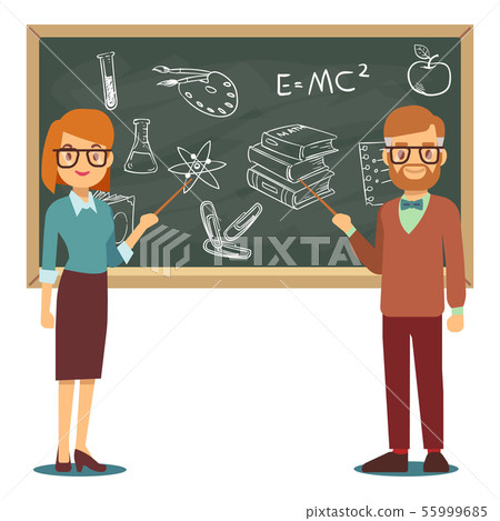 Male and female teachers standing in front of... - Stock Illustration ...