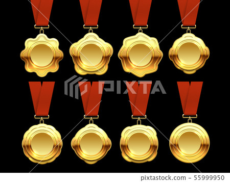 Gold medals vector collection on red ribbons 55999950