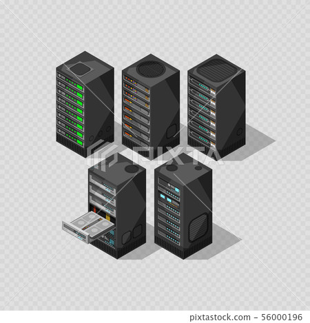 Hardware isometric equipment. 3d telecommunication server isolated on transparent background Hardware isometric equipment. 3d telecommunication server isolated on transparent background 56000196