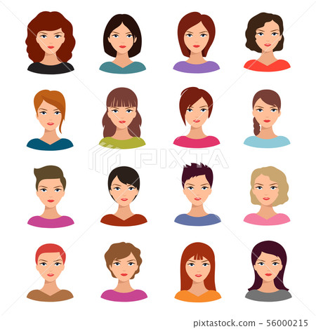 Female portraits. Young woman heads with various hairstyle vector avatars stock 56000215