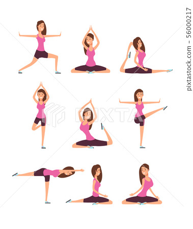 Young woman making yoga exercises and meditation. Fitness girl in training asana postures vector set 56000217