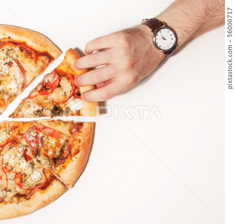 Flat lay. Top view. Man picking tasty slice Flat lay. Top view. Man picking tasty slice 56000717