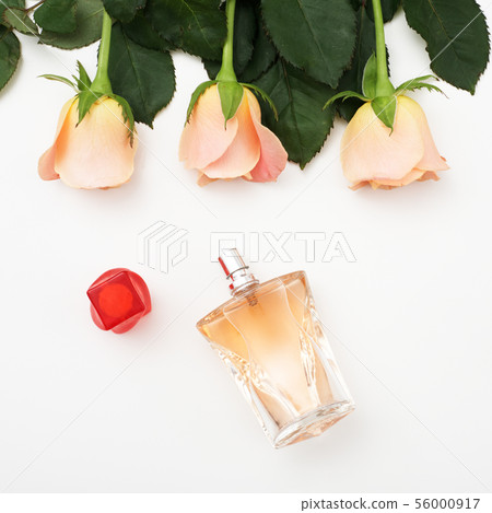 Delicate roses and perfume bottle on a white Delicate roses and perfume bottle on a white 56000917