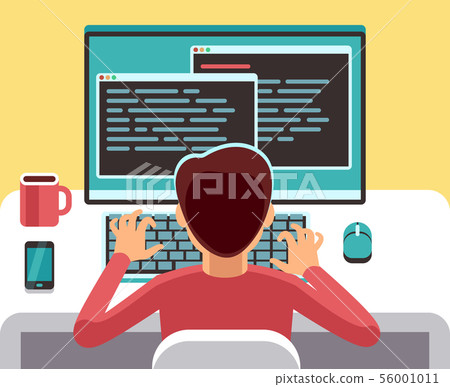 Young man programmer working on computer with... - Stock Illustration ...
