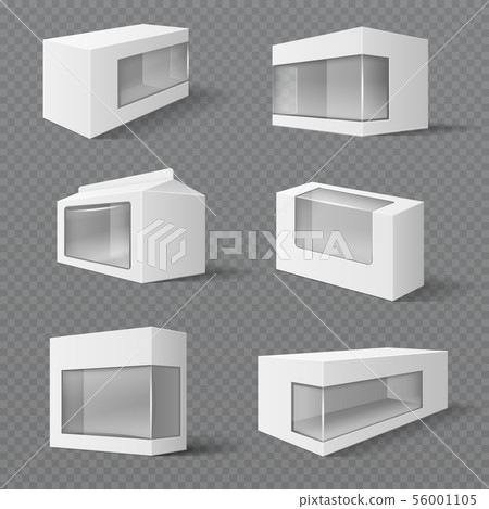 White product packaging boxes. Gift packages with transparent window. Vector mockups isolated 56001105