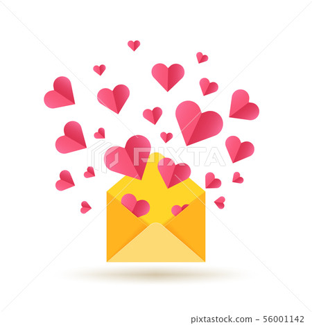 Happy Valentines Day vector card with open envelope and red hearts 56001142