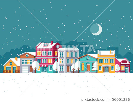 Snowfall in winter town with small houses cartoon vector illustration. Christmas holidays concept Snowfall in winter town with small houses cartoon vector illustration. Christmas holidays concept 56001226