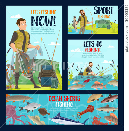 Fisherman fishing fish with rod, net and boat Fisherman fishing fish with rod, net and boat 56003322