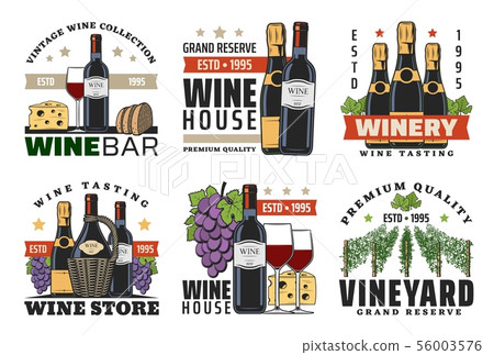 Wine bottles, glasses, grapes, bread and cheese Wine bottles, glasses, grapes, bread and cheese 56003576
