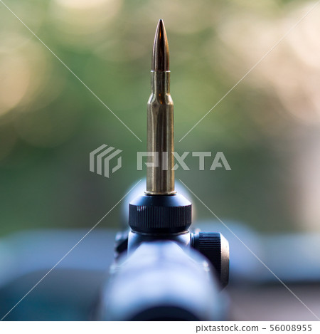Close up view of a cartridge on rifle scope. Close up view of a cartridge on rifle scope. 56008955