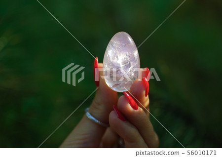 Female hand with red manicure holding transparent violet amethyst yoni egg for vumfit, imbuilding or 56010171