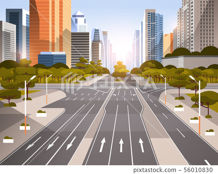 highway asphalt road with marking arrows traffic signs city skyline modern skyscrapers cityscape highway asphalt road with marking arrows traffic signs city skyline modern skyscrapers cityscape 56010830