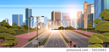 highway asphalt road with marking arrows traffic signs city skyline modern skyscrapers cityscape highway asphalt road with marking arrows traffic signs city skyline modern skyscrapers cityscape 56010863