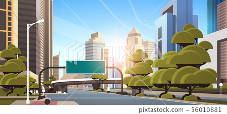 asphalt road with information banner traffic signs city skyline modern skyscrapers cityscape 56010881