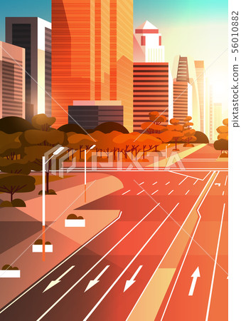 highway asphalt road with marking arrows traffic signs city skyline modern skyscrapers cityscape 56010882