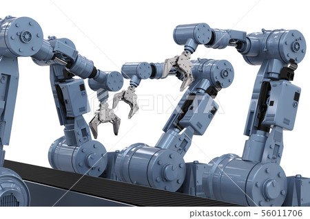 robotic arms with empty conveyor belt 56011706