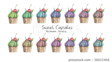 Watercolor cupcake with cherry and blueberry. Watercolor cupcake with cherry and blueberry. 56015408