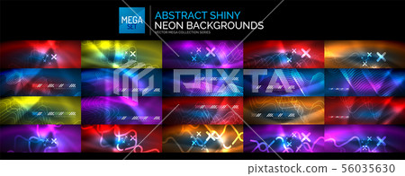 Mega set of blue color neon light abstract backgrounds. Lines, waves, shiny elements on dark black Mega set of blue color neon light abstract backgrounds. Lines, waves, shiny elements on dark black 56035630