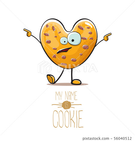 vector funny hand drawn homemade chocolate chip heart shape cookie character isolated on white 56040512