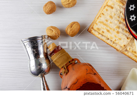 A Jewish Matzah bread with wine. Passover holiday 56040671