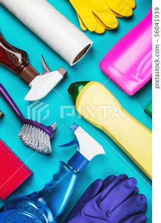 various cleaning products for the house on a colored 56041939