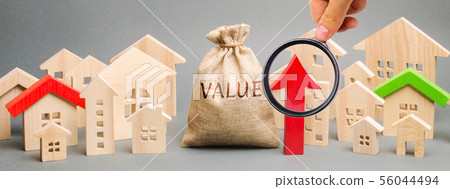A money bag with the word Value, wooden houses  56044494