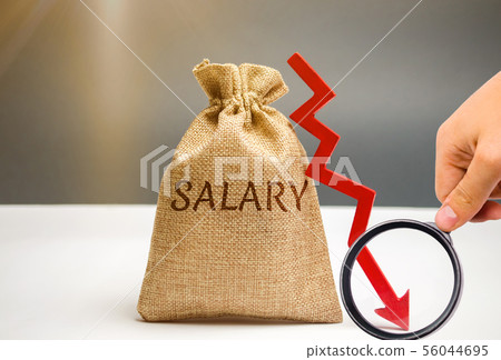 Money bag with the word Salary and arrow to down. Money bag with the word Salary and arrow to down. 56044695