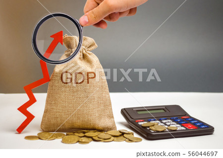 Money bag with the word GDP and up arrow. Money bag with the word GDP and up arrow. 56044697