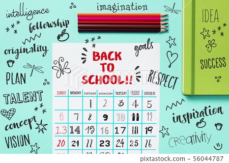 calendar, pencil crayons and text back to school calendar, pencil crayons and text back to school 56044787