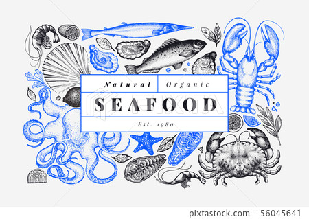 Seafood and fish design template. Hand drawn Seafood and fish design template. Hand drawn 56045641
