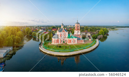 Red church on Pleshcheevo lake in Pereslavl 56046524