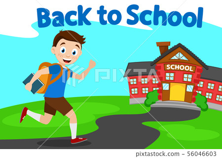 Schoolboy smiles and runs down path to school 56046603
