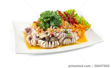 Squid tentacles serving on top with seafood spicy Squid tentacles serving on top with seafood spicy 56047808