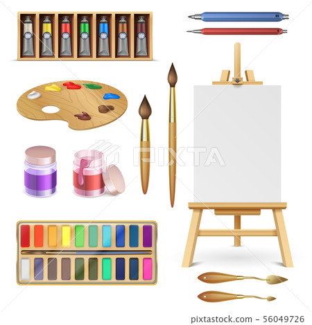 Artistic tools and art supplies with easel, palette paints brush and color pencil isolated vector 56049726