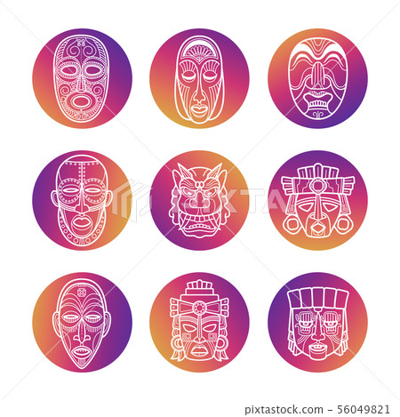 Bright icons with white african tribal vodoo masks Bright icons with white african tribal vodoo masks 56049821