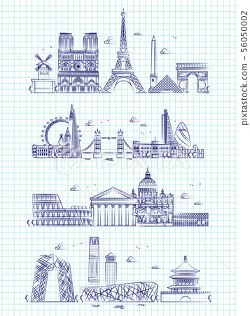 Popular word cities outline panorama on notebook page 56050002
