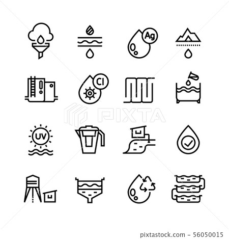 Effluent water treatment. Water purification linear vector icons Effluent water treatment. Water purification linear vector icons 56050015
