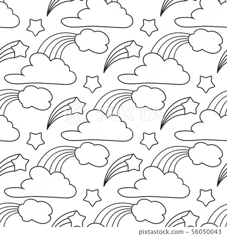 Clouds, stars, rainbow seamless pattern. Cartoon pattern for kids coloring book 56050043