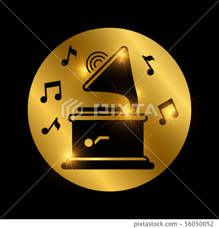 Black shiny gramophone and music notes on gold Black shiny gramophone and music notes on gold 56050052
