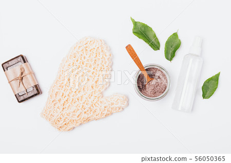 Flat lay bath background of natural cosmetics 56050365