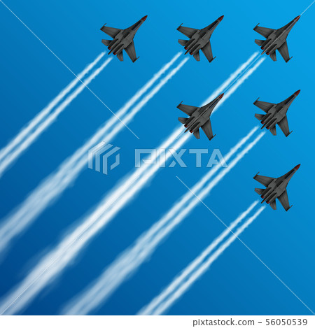 Military fighter jets with condensation trails in sky vector illustration 56050539